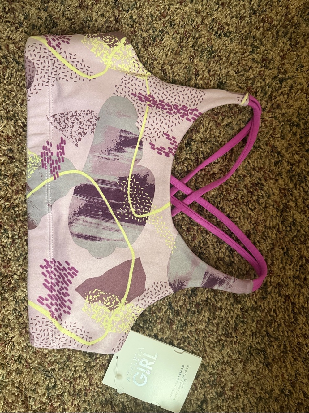 Athleta Girl Pink Purple Yellow Abstract Strappy Sports Bra